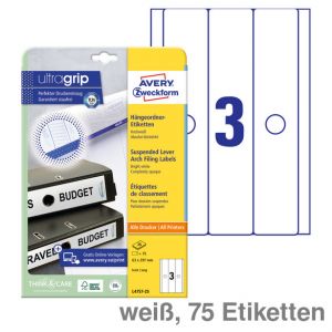 Avery Zweckform Hängeordner-Rückenschilder UltraGrip weiß 63x297mm 75Et.