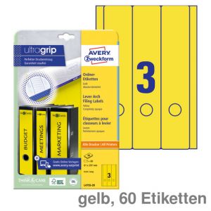 Avery Zweckform Ordner-Rückenschilder UltraGrip gelb 61x297mm 60Et.