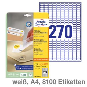 Avery Zweckform Universal-Etiketten A4, ablösbar weiß 17,8x10mm 8.100Et.