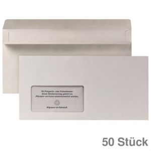 selbstklebend 50 Briefumschläge mit Fenster DIN lang grau