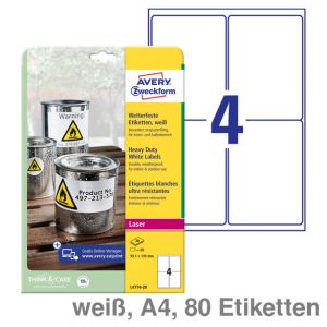 Avery Zweckform Folien-Etiketten A4, wetterfest weiß 99,1x139mm 80Et.