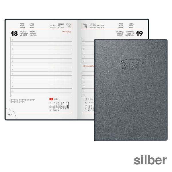 Brunnen Taschenkalender 2024 Artistico silber 1 Seite = 1 Tag